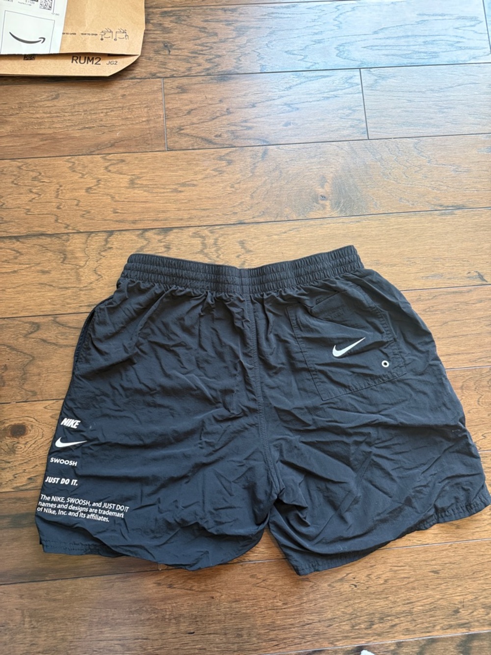 Nike Black Men’s Athletic Nylon Shorts with liner White Swoosh & NikeText - Picture 5 of 5